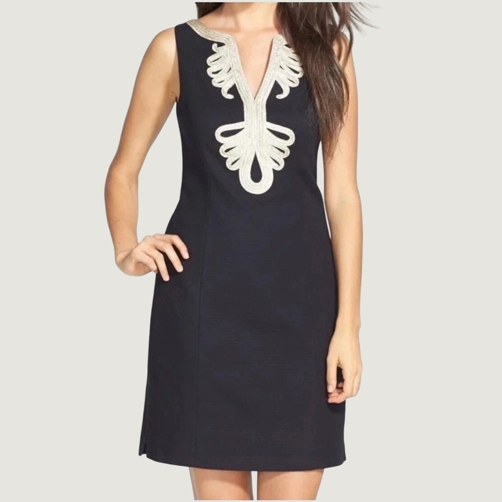 Lilly Pulitzer Janice Shift Dress Black Gold Soutache Trim Sleeveless Size 4